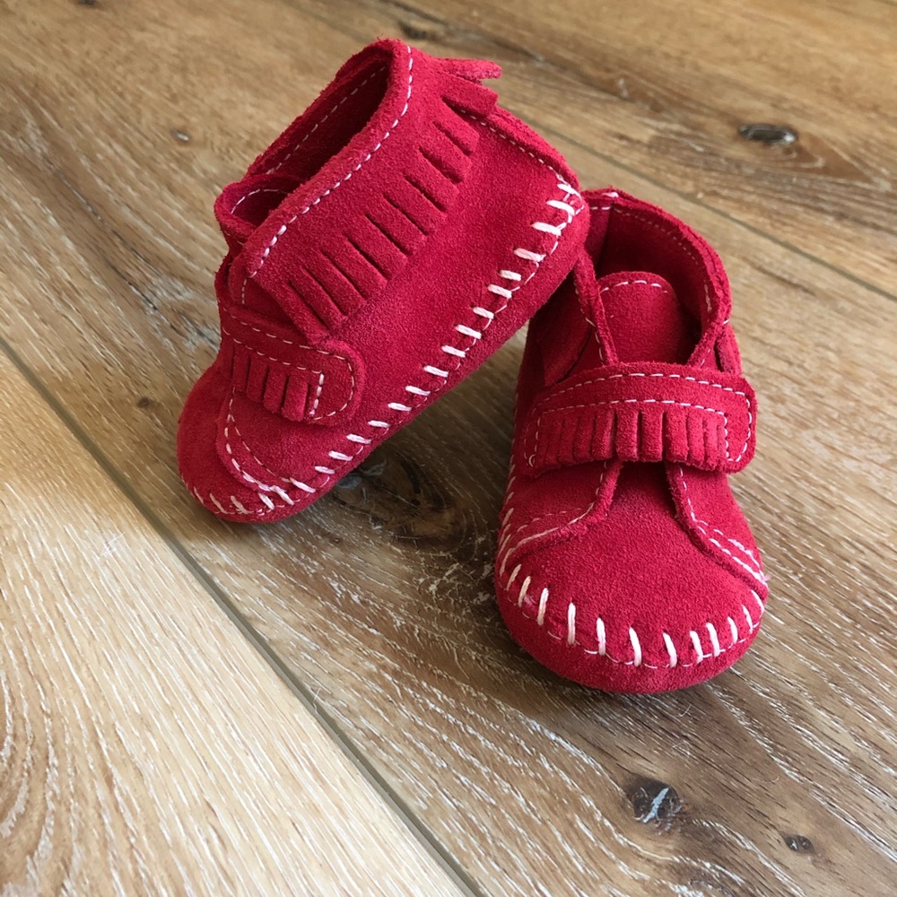 NWOT Red Suede Minnetonkas Size 2